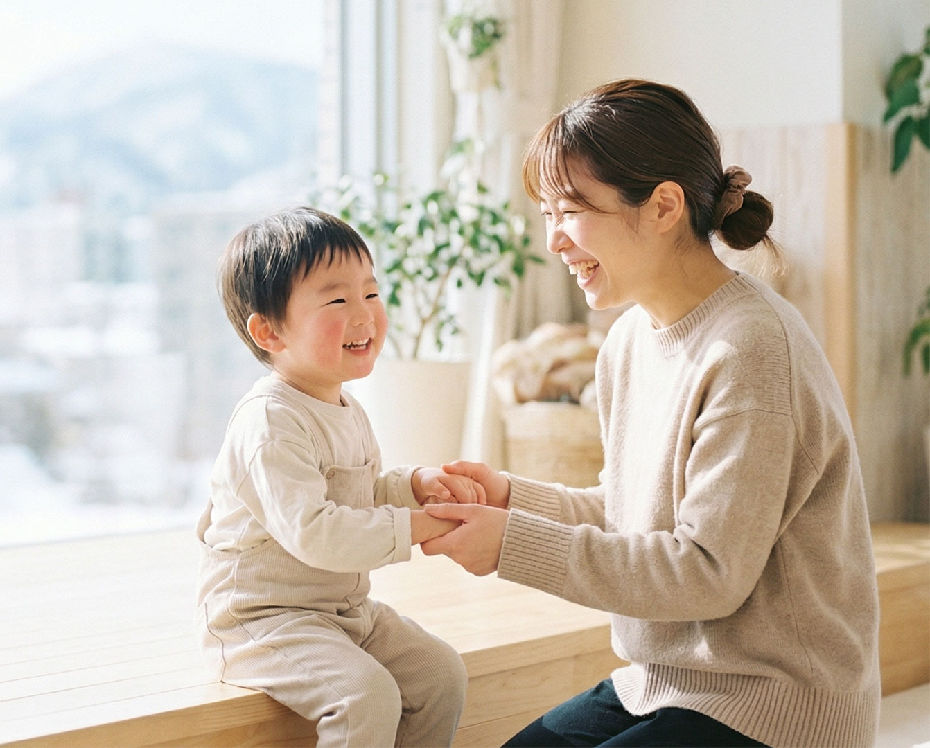 リビングで親子が微笑みあう様子