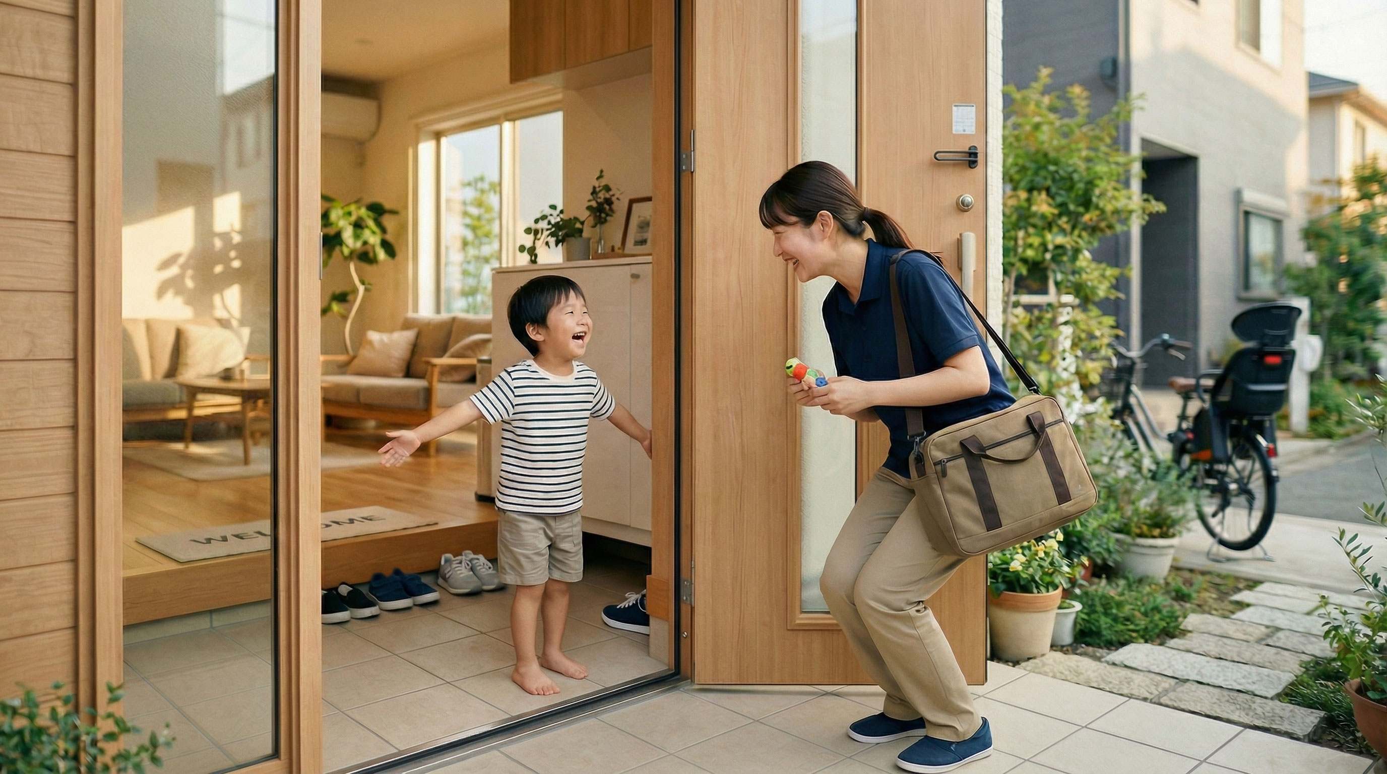 ご自宅の玄関でお子さまを迎えるシッターの様子